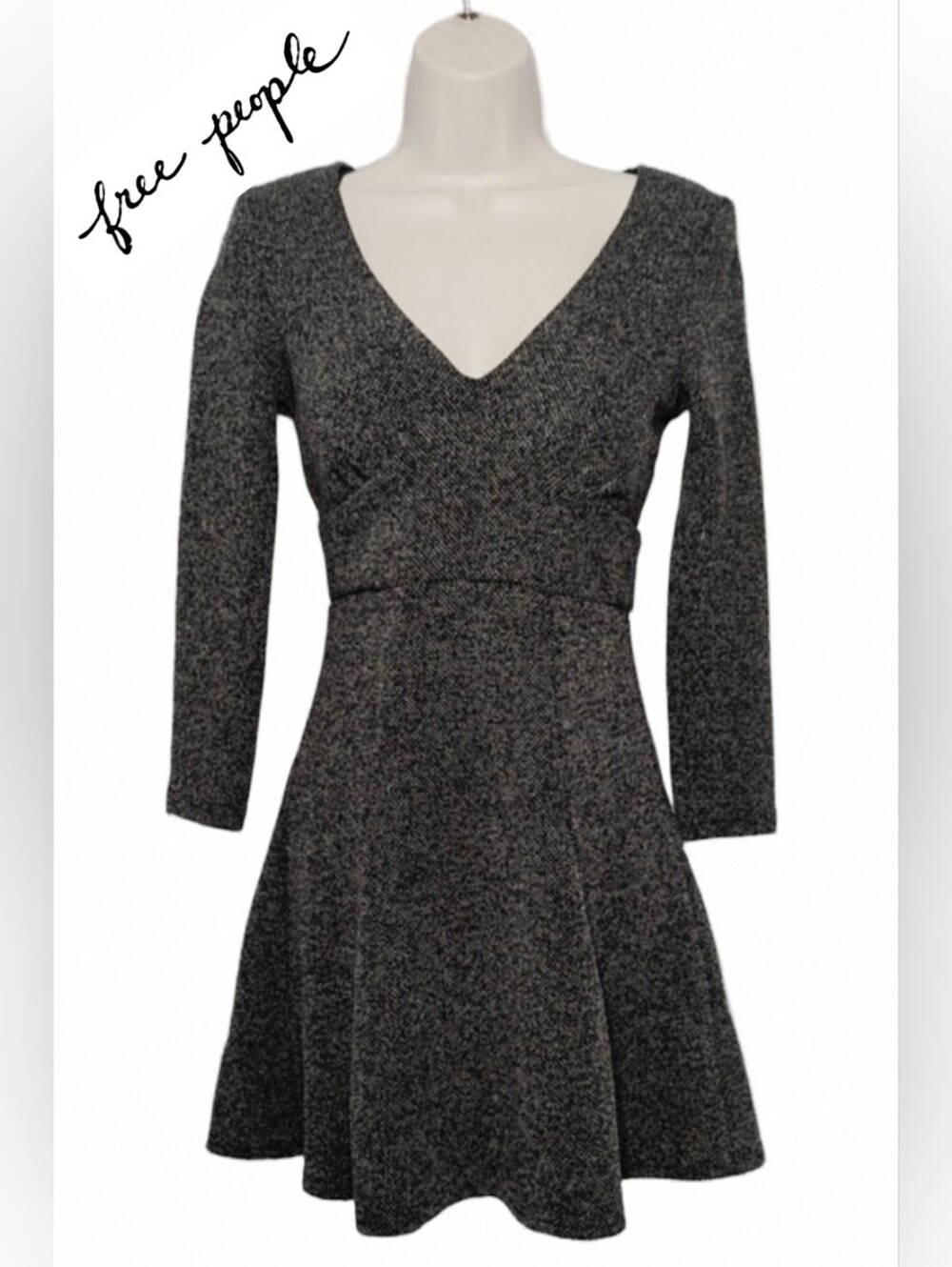 Free People Showstopper Black White Tweed Look Open Keyhole Back Skater Dress XS
